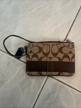Coach Brown/Tan Signature Wristlet with Leather Trim